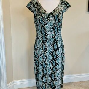 Kay Unger Blue and White V-neck Dress